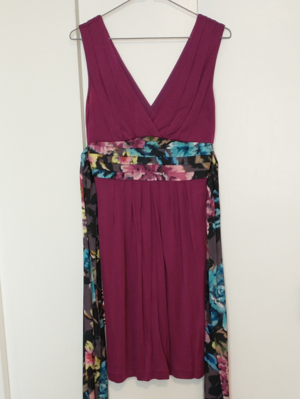 Ted Baker Deep Magenta V-Neck Midi Dress with Floral Waist Sash Size 1